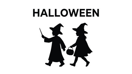 Obraz premium Halloween silhouettes of children wearing witch hats and carrying magic wands for celebration events