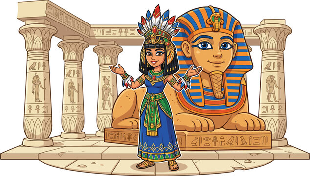 Ancient Egyptian queen Cleopatra character standing in front of Great Sphinx statue with hieroglyphic pillars background