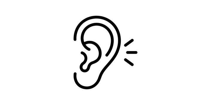 Ear icon with sound waves on a grey transparent background.