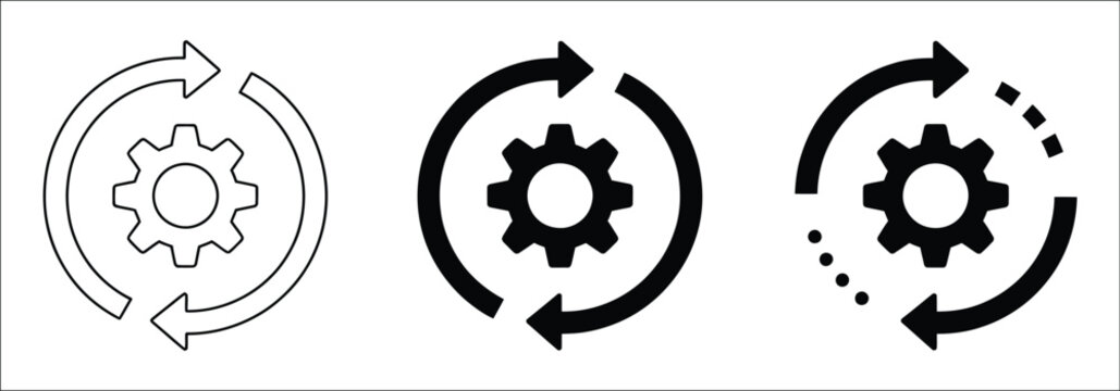 Continuous process icon set with gear and arrows, ongoing workflow, business development cycle, automation, progress, repeat system, vector illustration