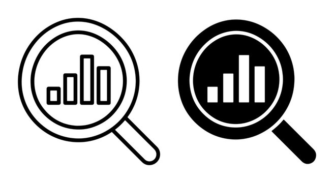 Magnifying glass and bar chart silhouettes for business analytics and data research logo