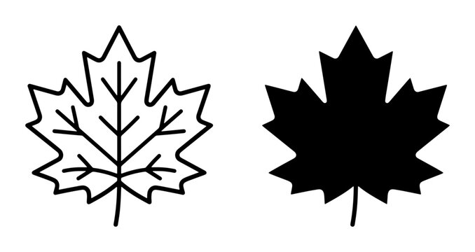 Maple leaf silhouettes set, outline and solid for autumn design and Canada themes