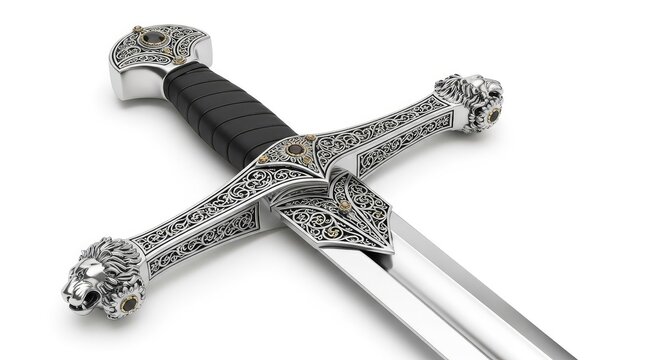 A medieval ceremonial sword featuring a polished steel blade and a detailed crossguard and pommel, isolated on a clean white background, crossguard, collection, cold weapon