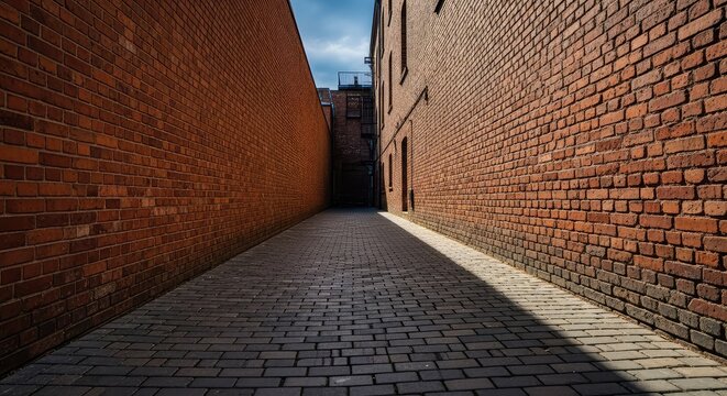 A narrow urban passage with brick walls and cobblestone pavement under a moody afternoon sky with long shadows stretching into the distance, brick, vintage, cobblestone