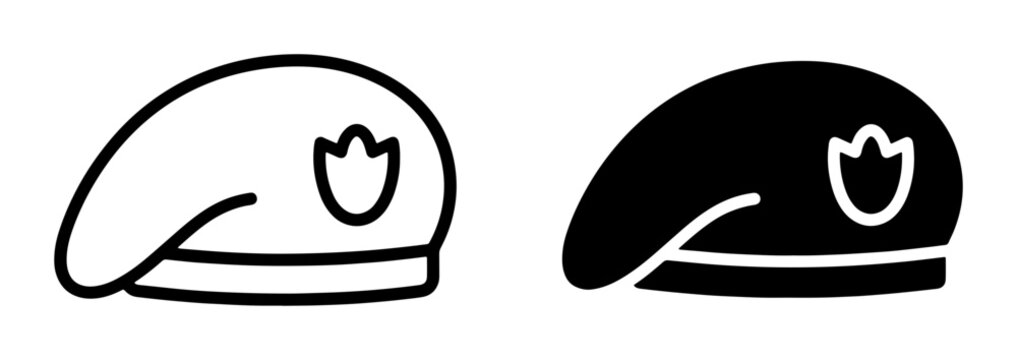 Beret silhouettes set with badge, military and police headwear for logo or signage