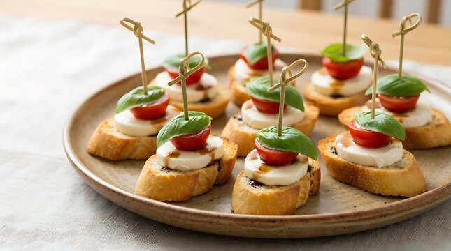 Fresh tomato and basil bruschetta appetizers served on a round wooden tray for a party or event snack. Sandwich appetizer ideas