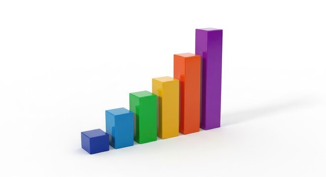 A professional three-dimensional bar chart showing financial growth and success on a clean white background with subtle shadows and great depth, strategy, commercial, graph