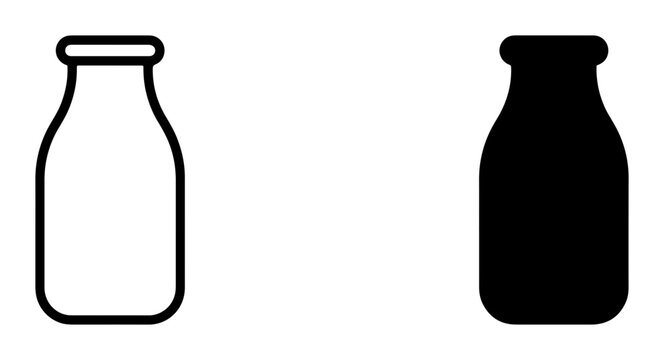 Milk bottle silhouettes set with outline and solid shapes for drinks and dairy logos