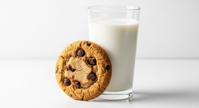 A single golden brown chocolate chip cookie rests beside a tall glass of fresh white milk on a clean minimalist white background surface, aesthetic, refreshment, chocolate