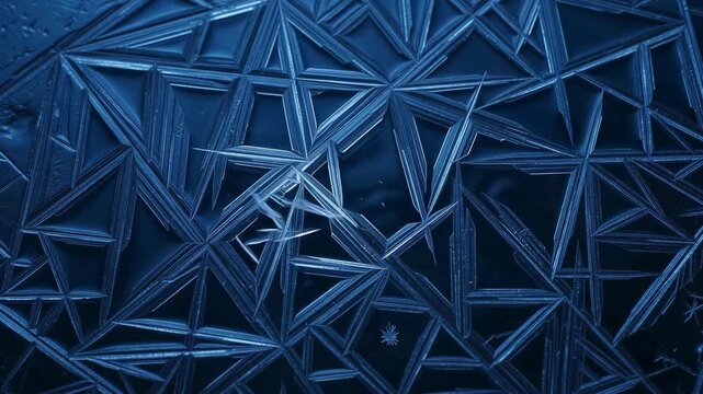 Intricate geometric ice crystal pattern a macro view of frost on a frozen dark blue surface creating an abstract winter background texture