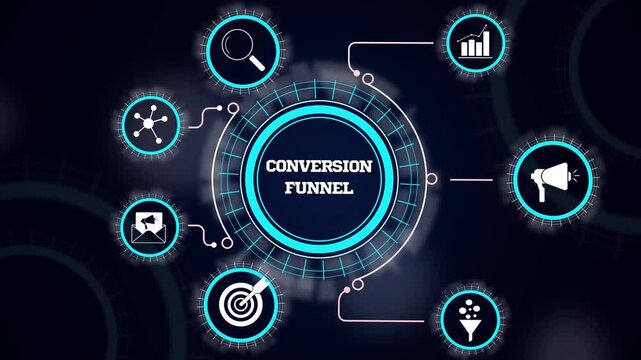 Conversion funnel strategy showing online customer journey, digital marketing optimization and sales growth process