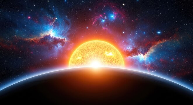 A spectacular cosmic vista features a brilliant sun rising over a dark planetary horizon, illuminating distant stars and ethereal nebulae, discovery, planetary, celestial