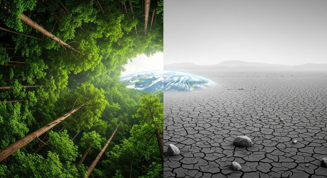 A striking split-screen view of Earth showing a lush green forest on one side and a dry, cracked, grey wasteland on the other side, split, balance, restoration