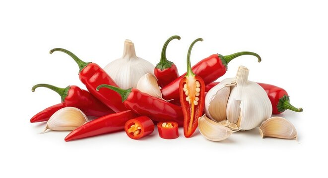 A stunning arrangement of fiery red chili peppers and fresh garlic cloves displays a beautiful contrast of textures for culinary creations, gourmet, ripe, chili