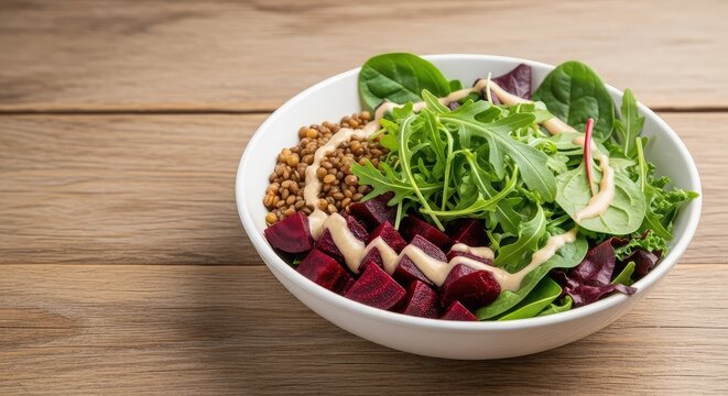 A vibrant vegan bowl featuring earthy lentils, roasted beetroots, fresh rocket leaves, and a mix of leafy greens on a rustic wooden table, lentil, balanced, food
