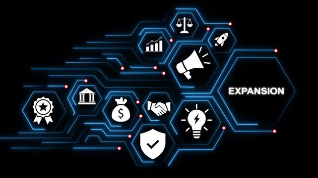 Digital business expansion concept featuring animated hexagonal network nodes with financial growth corporate strategy symbols, and futuristic data connectivity on a dark background