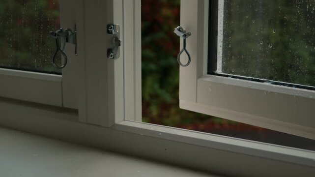 White-framed casement window stands partly open with raindrops on the glass and water on the sill during a quiet shower.