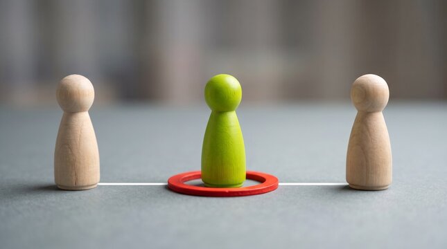 Symbol of Exclusion: A lone green peg doll is isolated in a red circle, separated from two beige peg dolls on a gray surface, symbolizing segregation and social distancing.