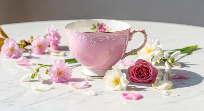 An elegant pink porcelain tea cup rests on a white marble tabletop, adorned with fresh spring flowers and delicate petals in soft daylight, afternoon, decor, marble