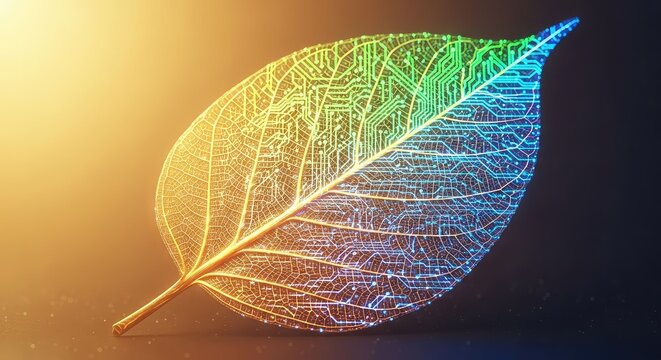 An intricate blend of digital circuit patterns and organic leaf veins bathed in a warm golden glow, forming the fusion of tech and nature, connection, futuristic, nature