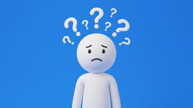 Confused Stick Figure with Question Marks: A 3D rendered stick figure looking confused with multiple question marks hovering over its head against a bright blue background.