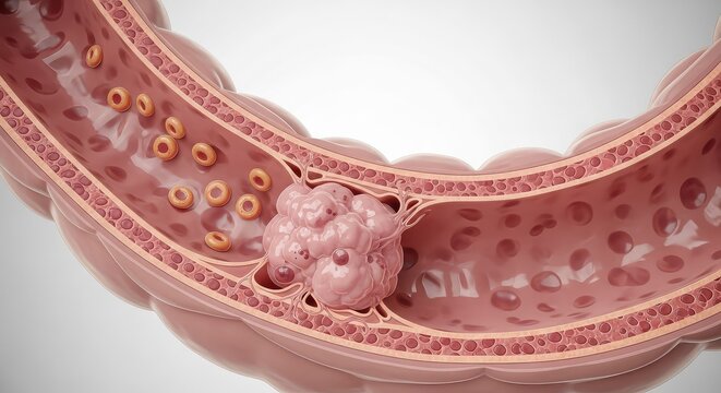Anatomical medical illustration showing a cross-section of a colon with a malignant tumor growth and abnormal cancer cells on the lining, abnormal, wellness, illustration