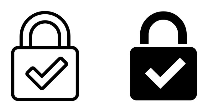 Padlock and checkmark silhouettes for security, safety and access control logo