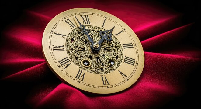 Antique brass clock face with etched markers resting on dark velvet, symbolizing the movement of time backward into a deep forgotten era, memory, textures, golden