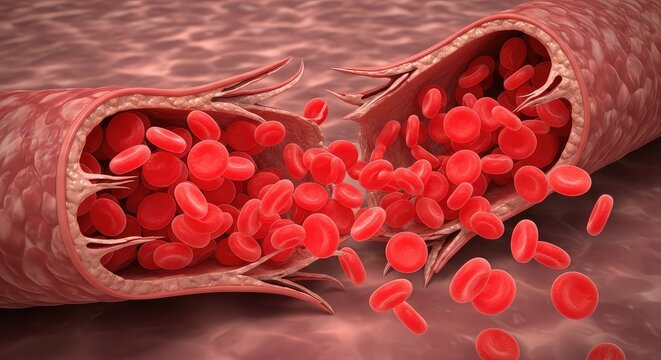 Close up medical illustration of a ruptured blood vessel leaking erythrocytes into the surrounding tissue during a severe cardiovascular event, vein, anatomy, blood