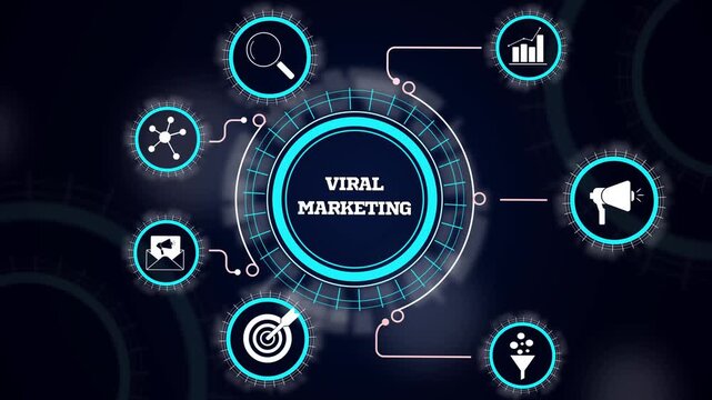 Viral marketing concept showing rapid social media sharing, audience reach expansion and trend promotion icons