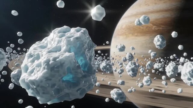 Icy asteroids and space debris field orbiting a gas giant with prominent rings illustrating cosmic phenomena and deep space exploration