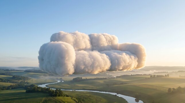 Surreal fluffy white cloud shaped like a comfortable sofa floating high above a peaceful green landscape with a winding river at golden hour