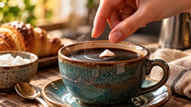 Hand adding sugar cube to black coffee cup with croissant on table  