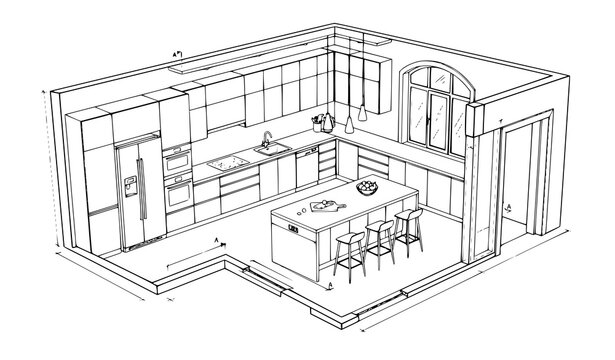 Modern Kitchen Floor Plan Interior Blueprint Outline EPS10 Vector