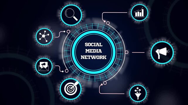 Social media network connectivity concept with digital platform engagement, online community reach and marketing
