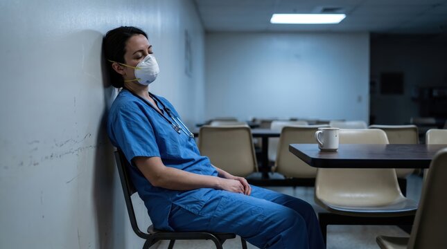 Exhausted healthcare worker wearing medical mask and blue scrubs leaning back to rest on chair.