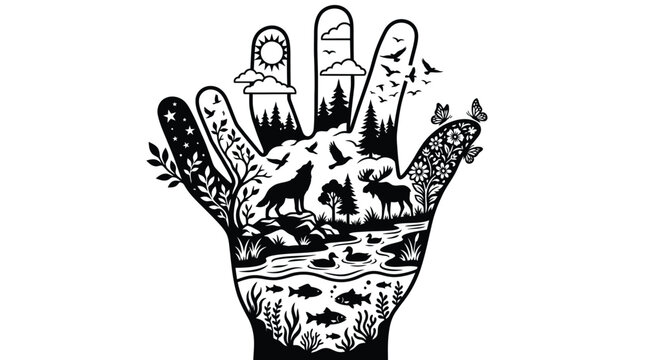 Intricate black and white illustration of wildlife landscapes nestled inside a human hand silhouette