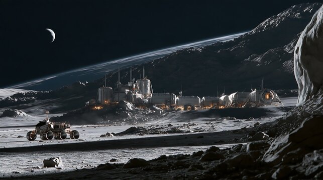 Lunar base with modular habitats and a six-wheeled rover on a rocky moon surface under a crescent moon in a dark starry night sky