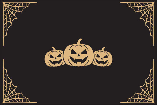 Halloween background with spider web corners frame and jack o lantern pumpkins in flat line art style. Vector illustration for card design.
