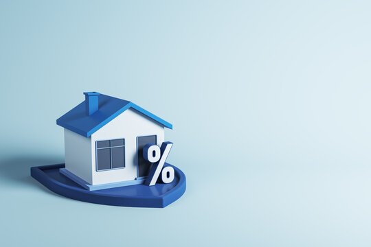 Blue house with percentage symbol illustrating mortgage loan rates, real estate financing, property purchase, and home ownership concept. 3D Rendering