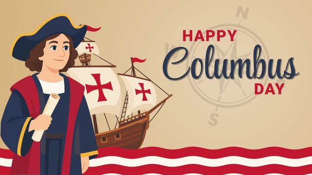 Columbus Day animated text appearing with character and sailing ship 4k vintage background.