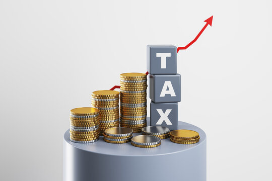 Tax growth concept with stacked coins, upward arrow, and blocks forming a rising financial pathway for business accounting and capital. 3D Rendering