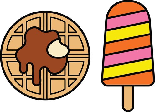 Illustration of a round waffle with chocolate syrup and a colorful striped popsicle dessert