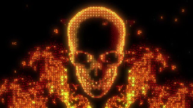 Glowing ASCII skull burning in digital code flames on black background