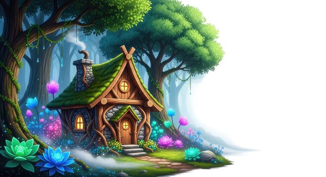 Whimsical wooden cottage nestled deep within an enchanted ancient woodland featuring glowing flora, mystical fog, and towering emerald trees, foliage, cabin, fantasy