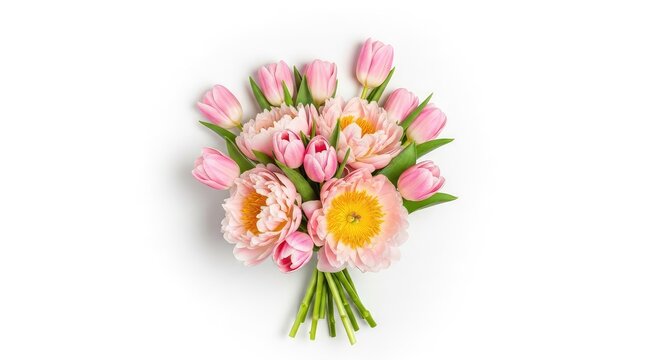 A beautiful bouquet of spring flowers with pink tulips and peach peonies rests on a clean white background, perfect for wedding mockups, seasonal, arrangement, fresh
