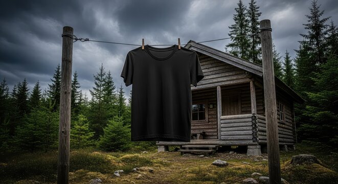 A blank black t-shirt hangs on a wire clothesline outside a rustic wooden cabin deep in the forest under a dark and moody overcast sky, black, rural, textile