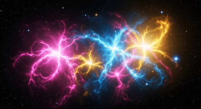 A breathtaking view of deep space where gas clouds in pink, blue, and gold swirl around distant stars, creating a luminous galactic scene, wallpaper, stars, light