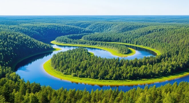 A breathtaking high-angle view captures a blue river snaking through an endless expanse of lush green trees in a pristine wild landscape, natural, wild, wilderness