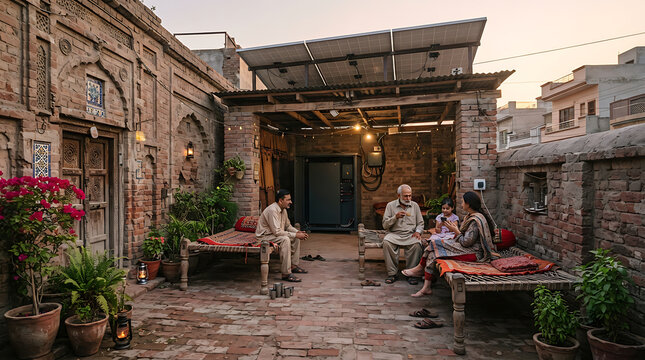 Family sitting on traditional cots in a brick courtyard with solar